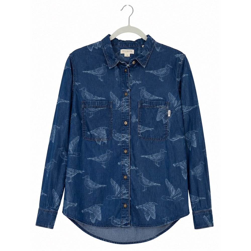 Obey Propaganda Mens Large Blue Denim Bird Print Button Down Shirt Casual Ocean